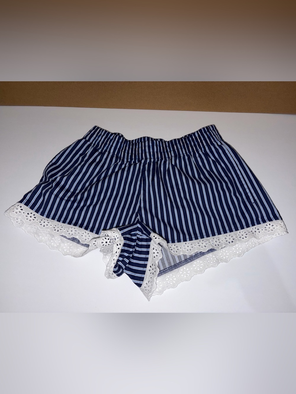 Striped Navy Blue Lace-Trim Women’s Shorts